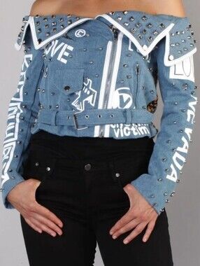 For Her NYC Denim Leopard Studded Off Shoulder Moto Jacket Size XL NWT'S